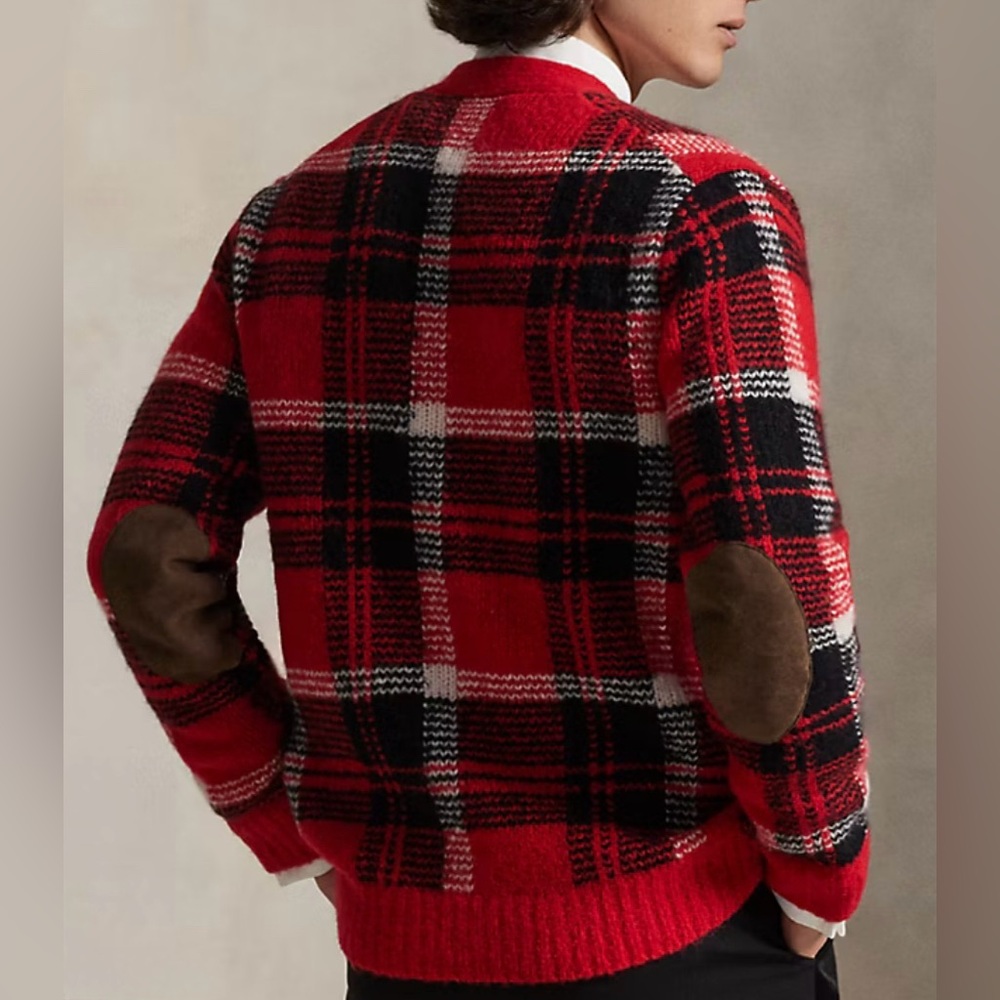 Ralph Lauren Suede-Patch Plaid Wool-Blend Cardigan | color: red combo | size: XL - Picture 2 of 8
